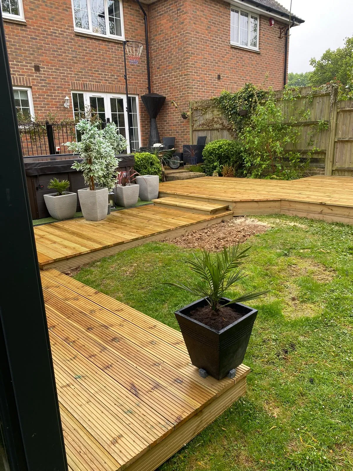 A small potted plant sitting on top of a wooden deck.